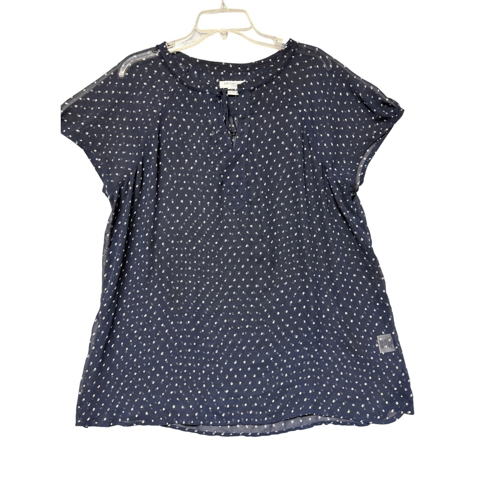 Liz Claiborne Woman Navy Blue Dotted Sheer Short Sleeve Split Neck Blouse 1X